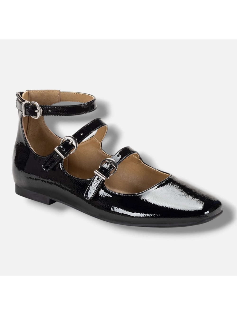 •SUN + STONE• “CecilLee” Triple Strap Buckle Mary Jane Flats - Black >> NWOB